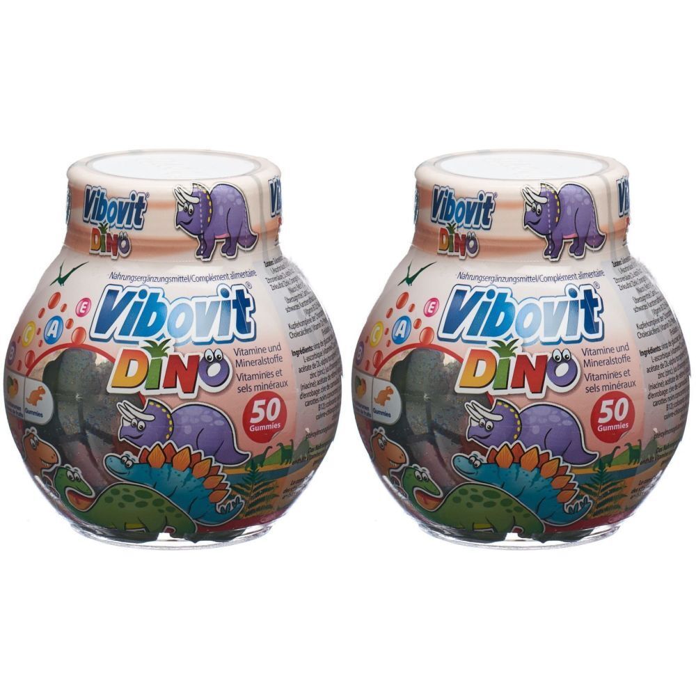 Zwei Flaschen VIBOVIT Dino Gummibärchen. Aufschrift: Dino, 50 Gummis. Illustrationen von Dinosauriern und Vitaminen.