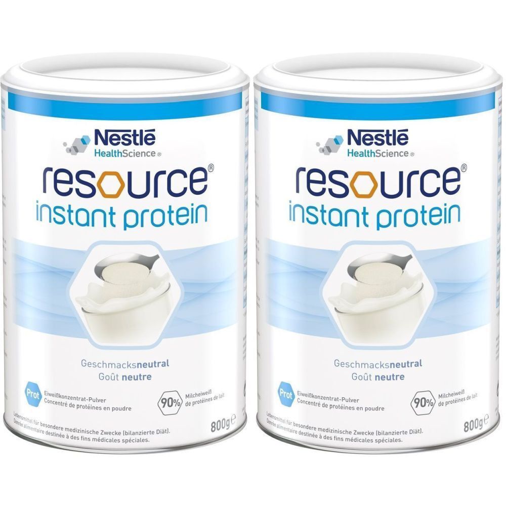 Deux boîtes de Nestlé Resource Instant Protein. Inscription : Neutre en goût, 90% protéines, 800g. Fond bleu et blanc.