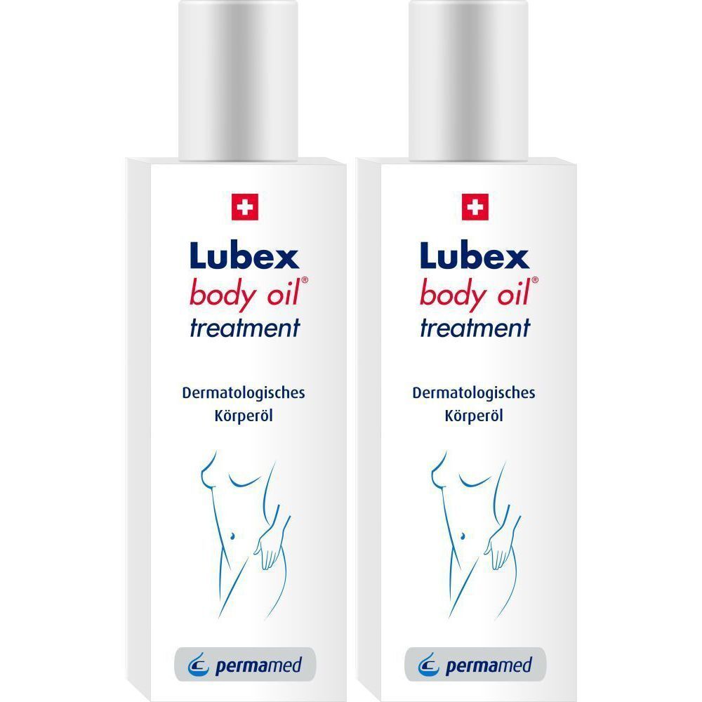 Zwei Flaschen LUBEX body oil treatment. Weiße Flaschen mit rotem Kreuz und Produktbezeichnung. Illustration einer Frau.