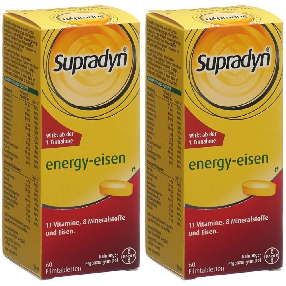 Zwei gelbe Schachteln mit "Supradyn energy-eisen". Enthält 13 Vitamine, 8 Mineralstoffe und Eisen. 60 Filmtabletten.