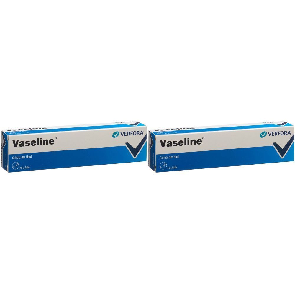 Zwei Schachteln mit Vaseline. Blaue und weiße Verpackung mit Schriftzug "Vaseline" und Logo. Marke: VERFORA.