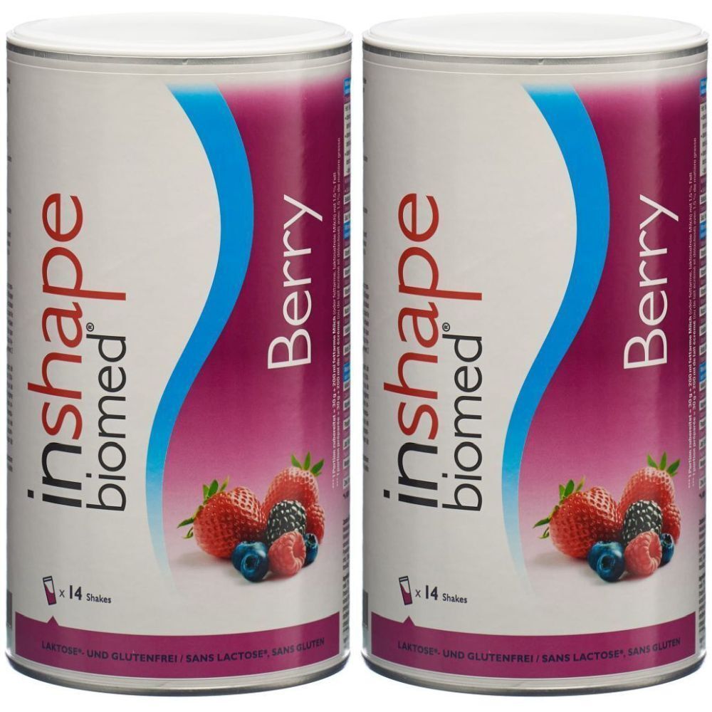 Zwei Dosen mit weißem Deckel. Aufschrift: inshape biomed Berry. Abbildung von Beeren. Text: Laktose- und Glutenfrei.