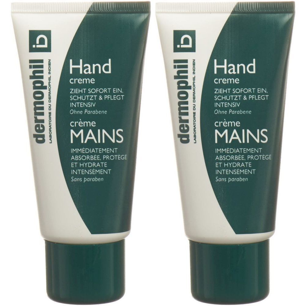 Zwei Tuben Handcreme. Weiß-grüne Verpackung mit Produktnamen und Text in Deutsch und Französisch. Marke: dermophil.