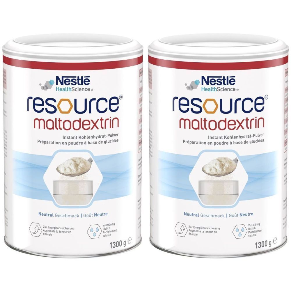 Zwei Dosen Nestlé Resource Maltodextrin. Aufschrift: Instant Kohlenhydrat-Pulver, Neutral Geschmack. 1300 g.