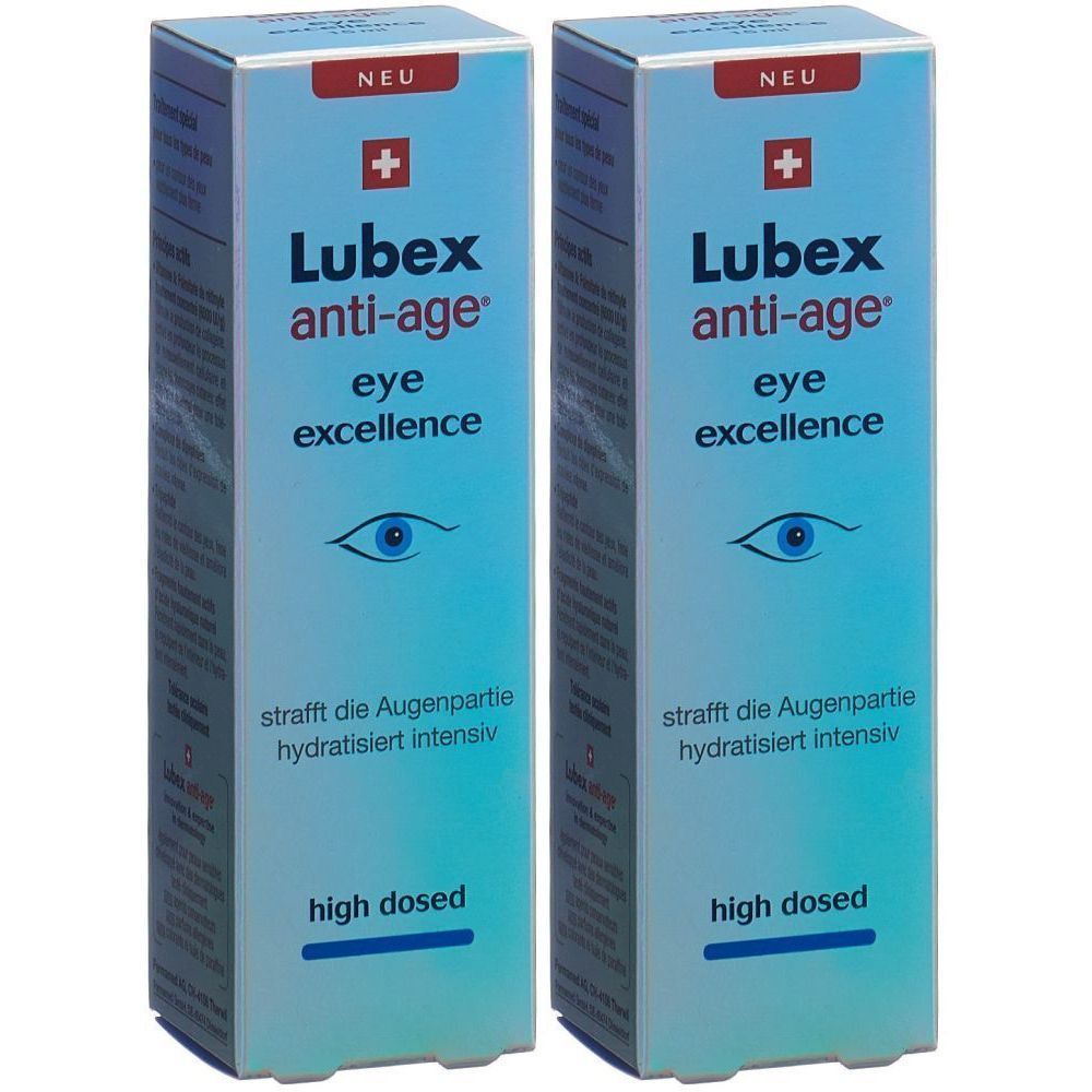 Zwei Schachteln Lubex anti-age eye excellence. Hellblaue Verpackung mit Produktnamen, Augenabbildung und Text.