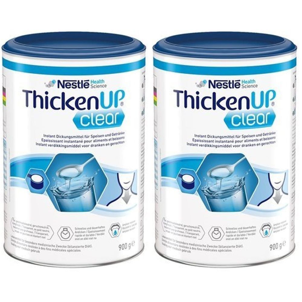 Zwei Dosen ThickenUP Clear. Blaue Deckel, weiße Dosen mit blauer Schrift. Aufschrift: Nestle Health Science. Instant-Andickungsmittel für Speisen und Getränke.