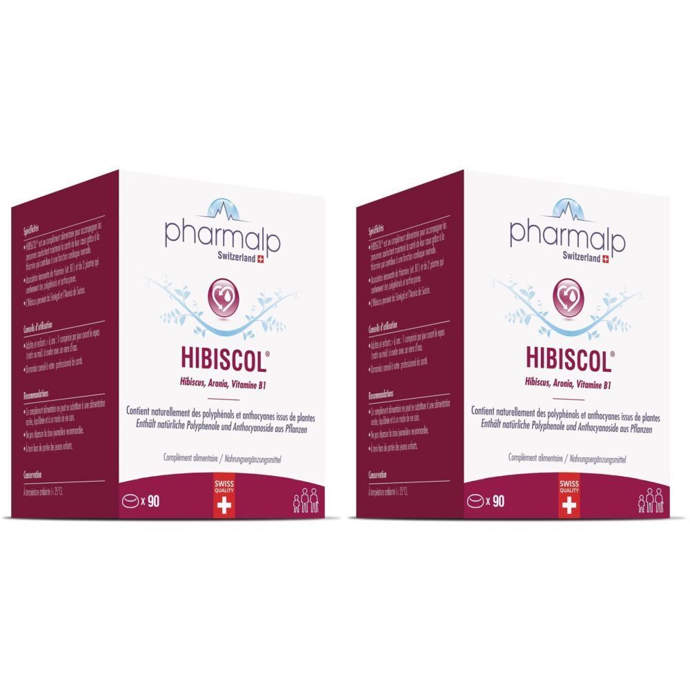 Zwei rechteckige Kartons mit "pharmalp Hibiscol"-Logo. Schweizer Qualitätszeichen. Text in Deutsch und Französisch.