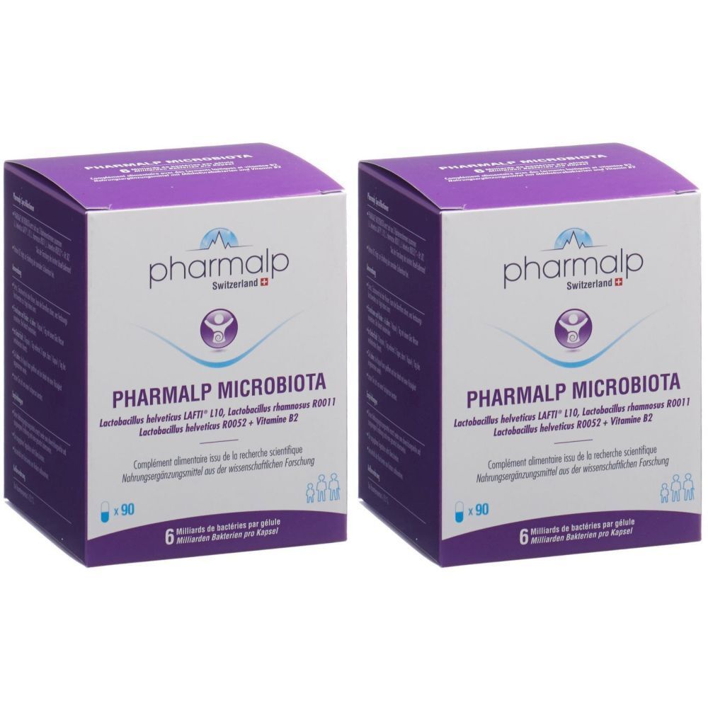 Zwei quadratische Kartons mit der Aufschrift PHARMALP MICROBIOTA. Lila und weiße Verpackung mit Logo und Produktinformationen.