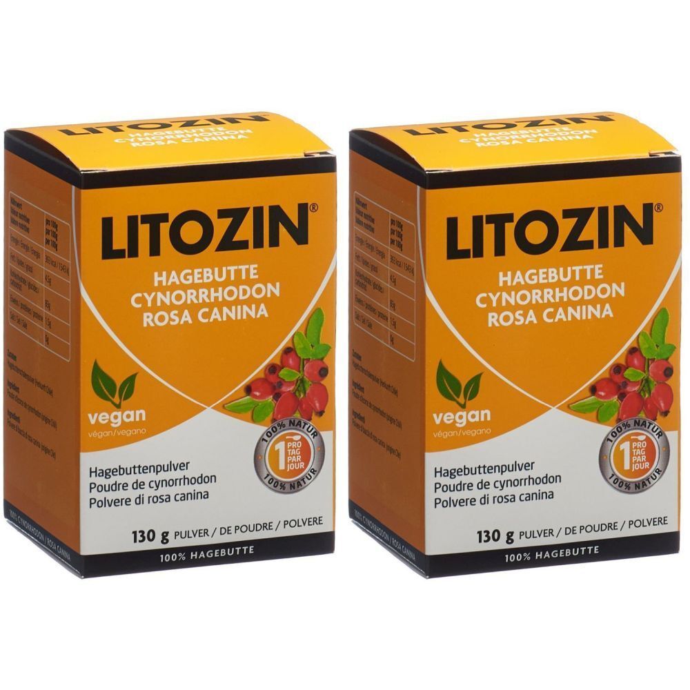 Zwei rechteckige Kartons mit der Aufschrift LITOZIN, Hagebutte, Cynorrhodon, Rosa Canina. Vegan-Siegel und 130g Pulver.