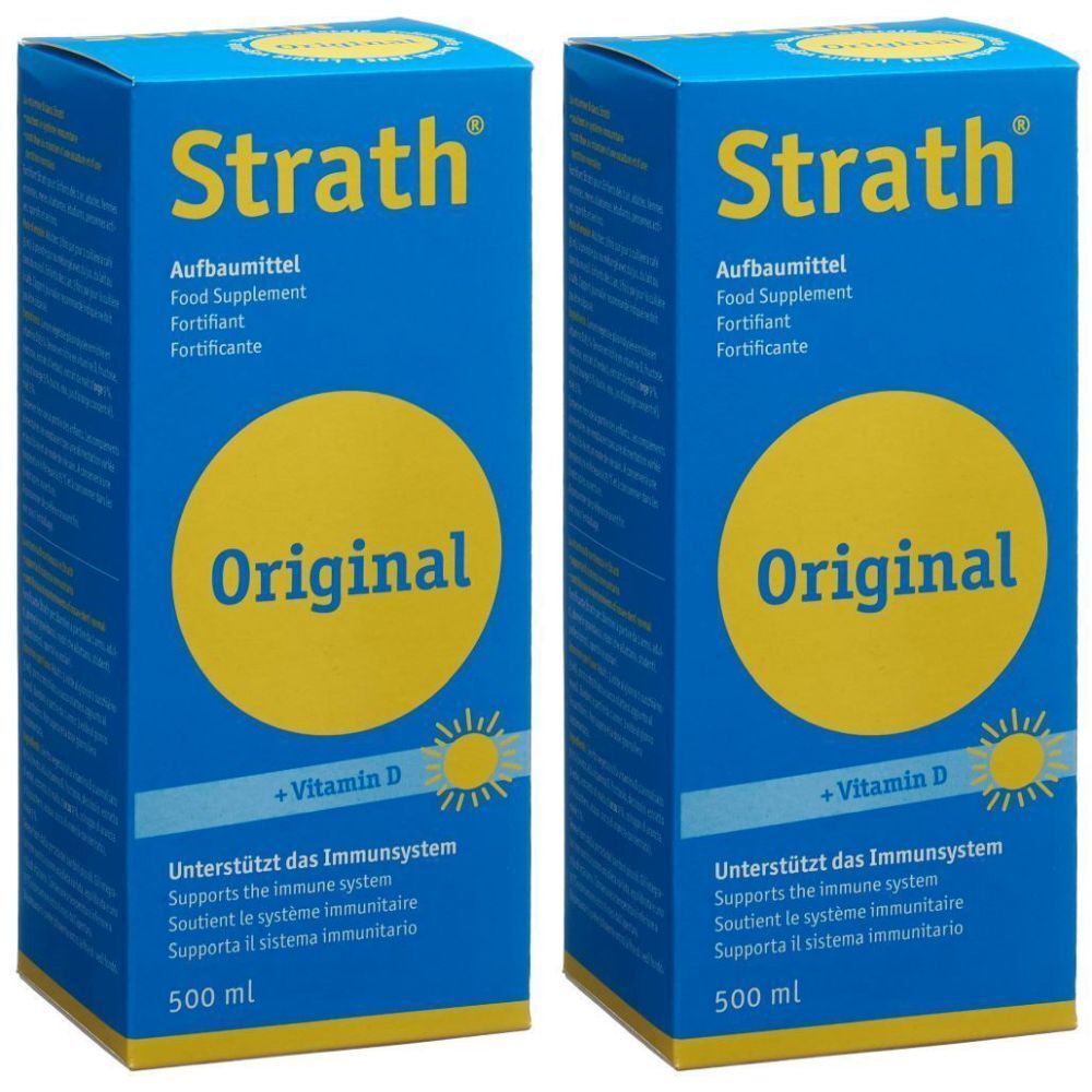 Zwei blaue Kartons mit "Strath Original". Gelber Kreis mit "Original". Text: "+Vitamin D", "Unterstützt das Immunsystem".
