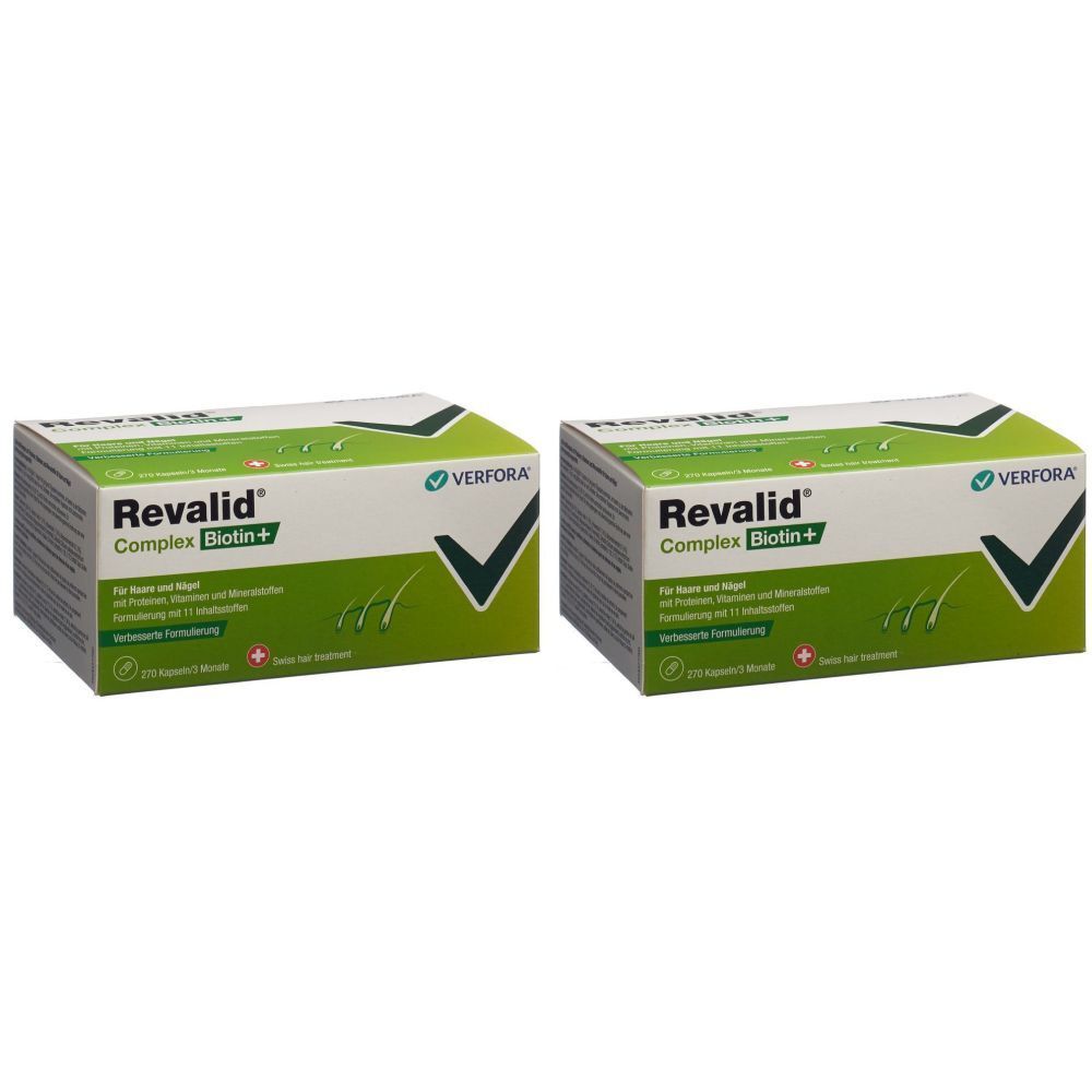 Zwei Schachteln mit der Aufschrift Revalid Complex Biotin+. Grün-weiße Verpackung mit Logo und Produktinformationen.