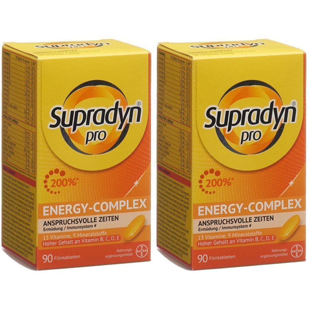 Zwei gelbe Schachteln mit "Supradyn pro Energy-Complex". Aufschrift: 200%, 90 Filmtabletten. Bayer-Logo.