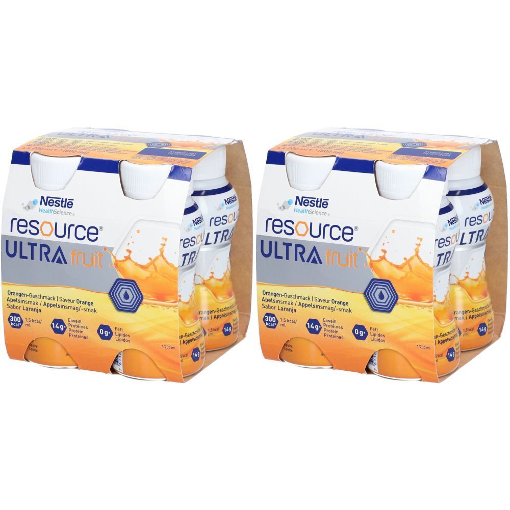 Zwei Packungen NESTLE RESOURCE Ultra Fruit Orange Getränk. Jede Packung enthält vier Flaschen in Kartonverpackung.