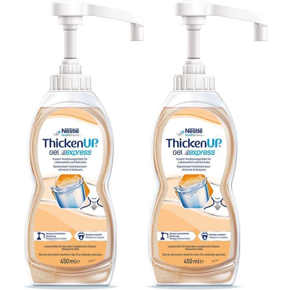 Deux flacons avec pompe doseuse. Inscription ThickenUP Gel express. 450 ml. Nestle Health Science.