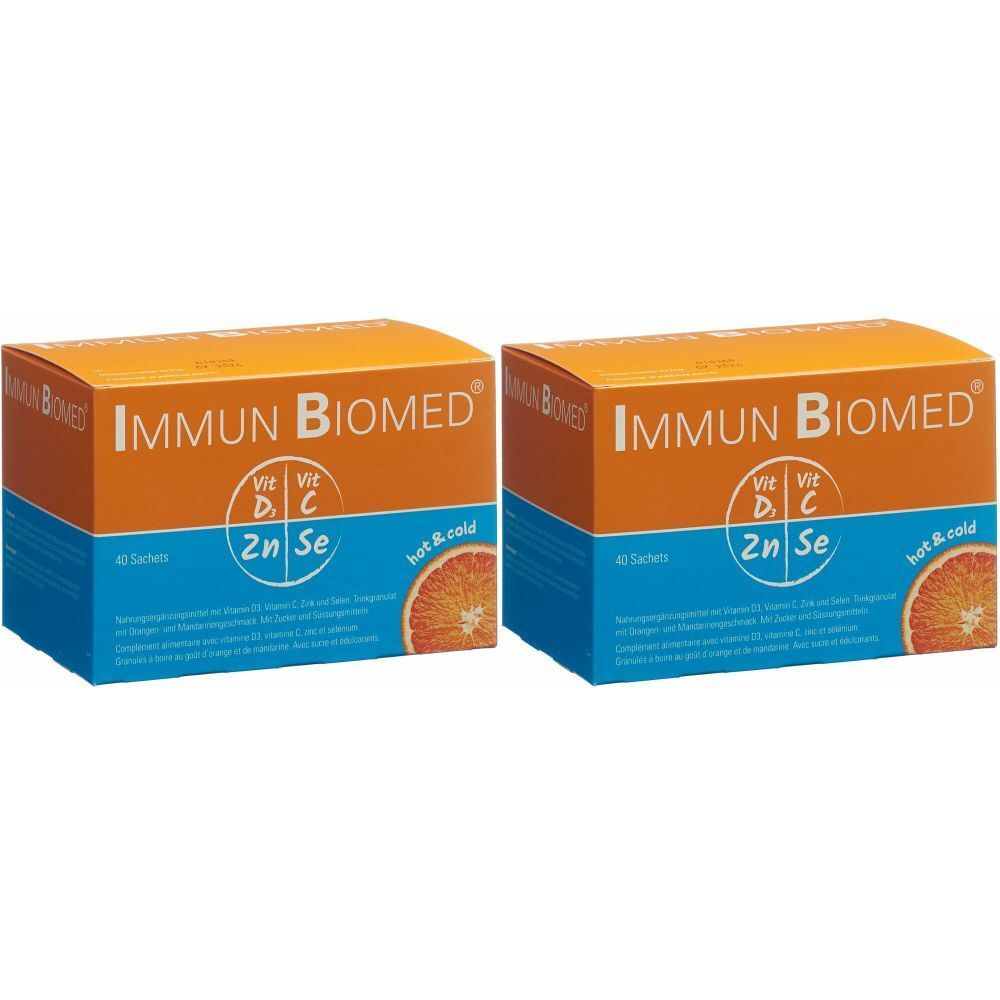Zwei orangefarbene Kartons mit der Aufschrift IMMUN BIOMED. Aufschrift: Vit D, C, 2n Se. Mit einem Orangenscheibe-Motiv.