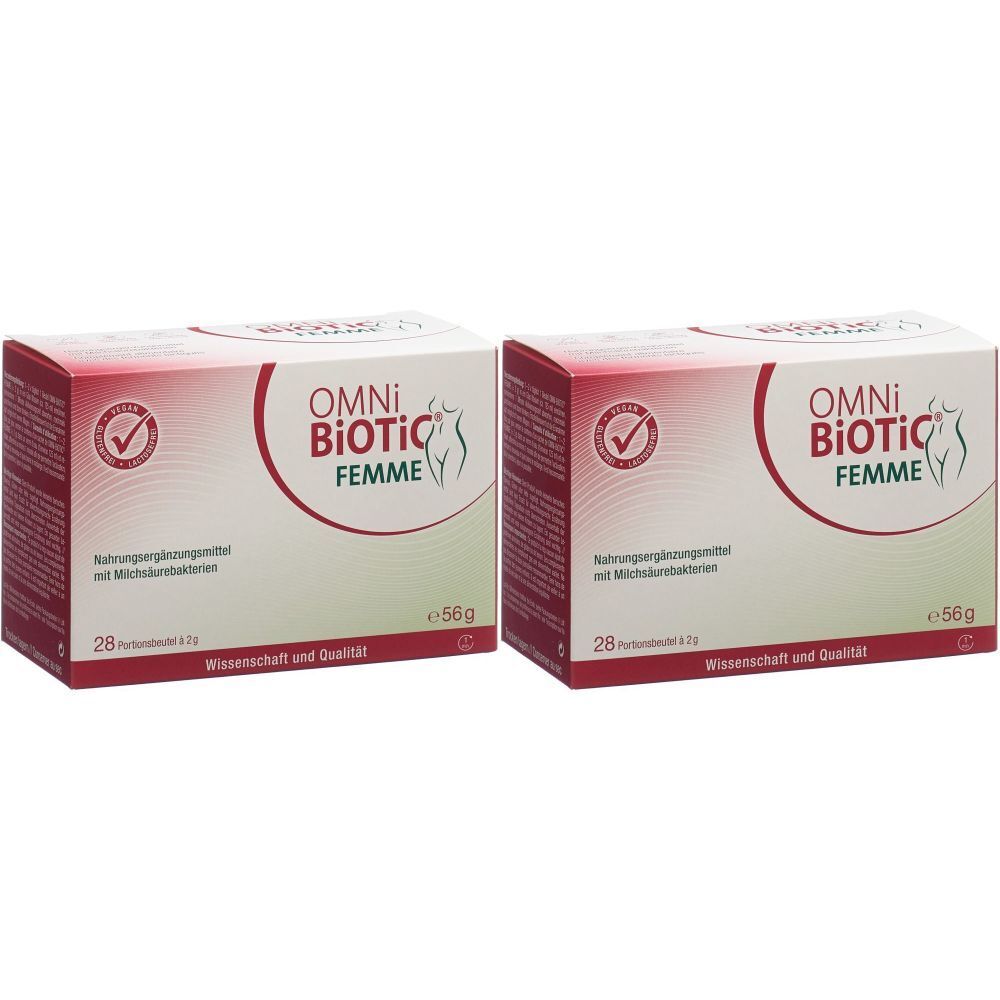 Zwei Kartons mit "OMNI-BIOTIC Femme"-Logo. Roter und weißer Hintergrund. Text: Nahrungsergänzungsmittel mit Milchbakterien. 28 Portionen, 56g.