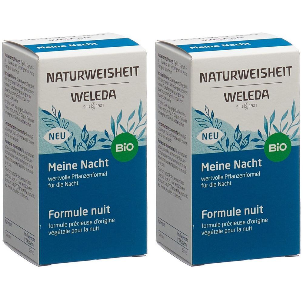 Zwei Schachteln mit "Meine Nacht" von WELEDA. Aufschrift: "NATURWEISHEIT", "BIO", "NEU". Blaue und grüne Elemente.