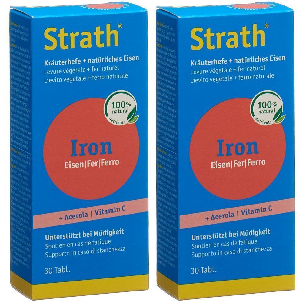 Zwei blaue Schachteln mit "Strath"-Logo und Text. Roter Kreis mit "Iron" und "100% natural". Enthält Acerola und Vitamin C. 30 Tabletten.