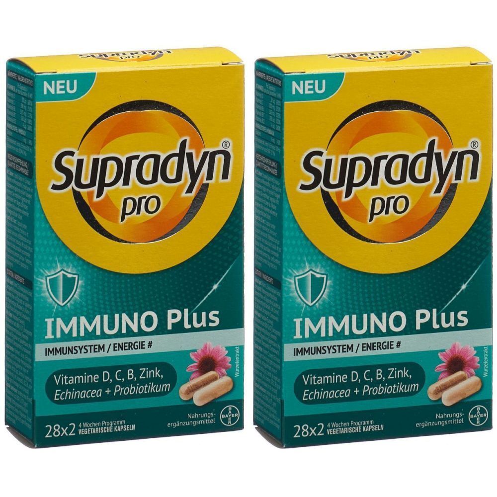 Zwei Schachteln SUPRADYN® pro Immino Plus. Aufschrift: IMMUNO Plus, Vitamine D, C, B, Zink, Echinacea + Probiotikum. 28x2 vegetarische Kapseln.