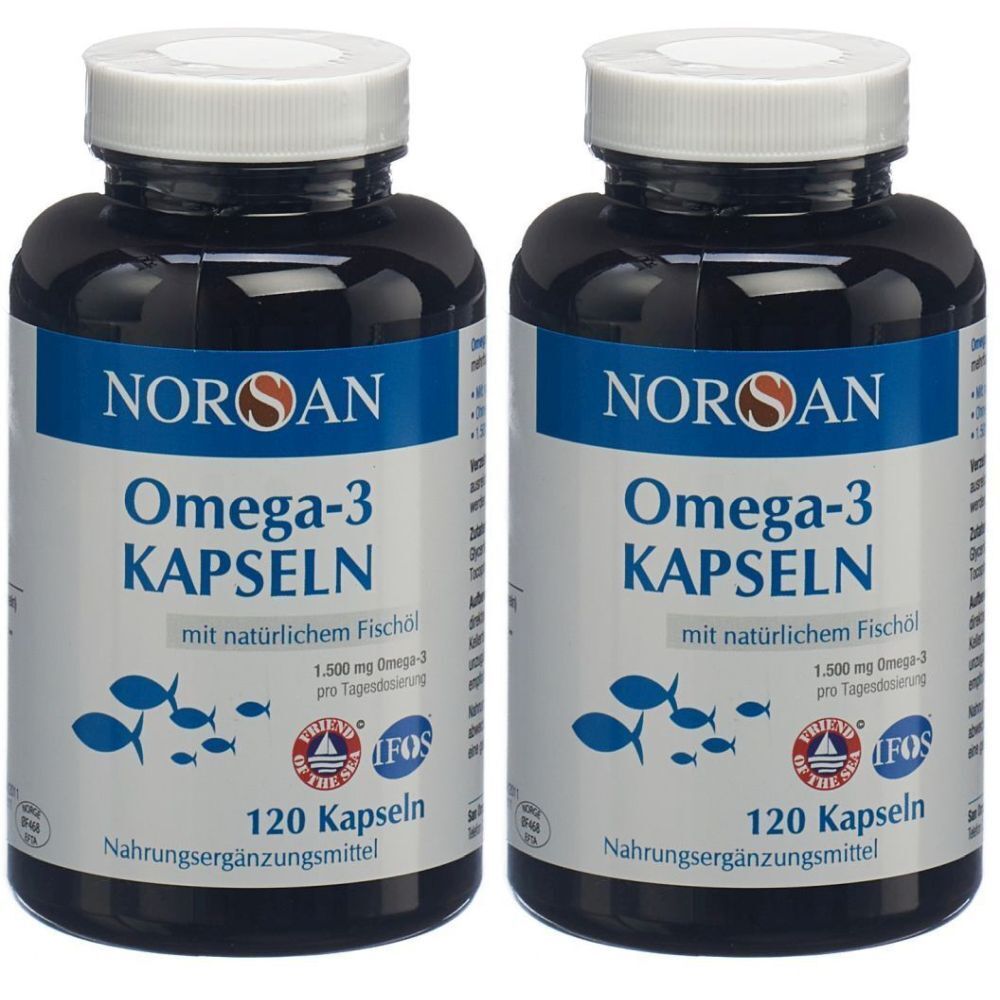 Zwei Flaschen NORSAN Omega-3-Kapseln. Blaue Etiketten mit weißer Schrift. Enthält 120 Kapseln. Mit Fischöl.