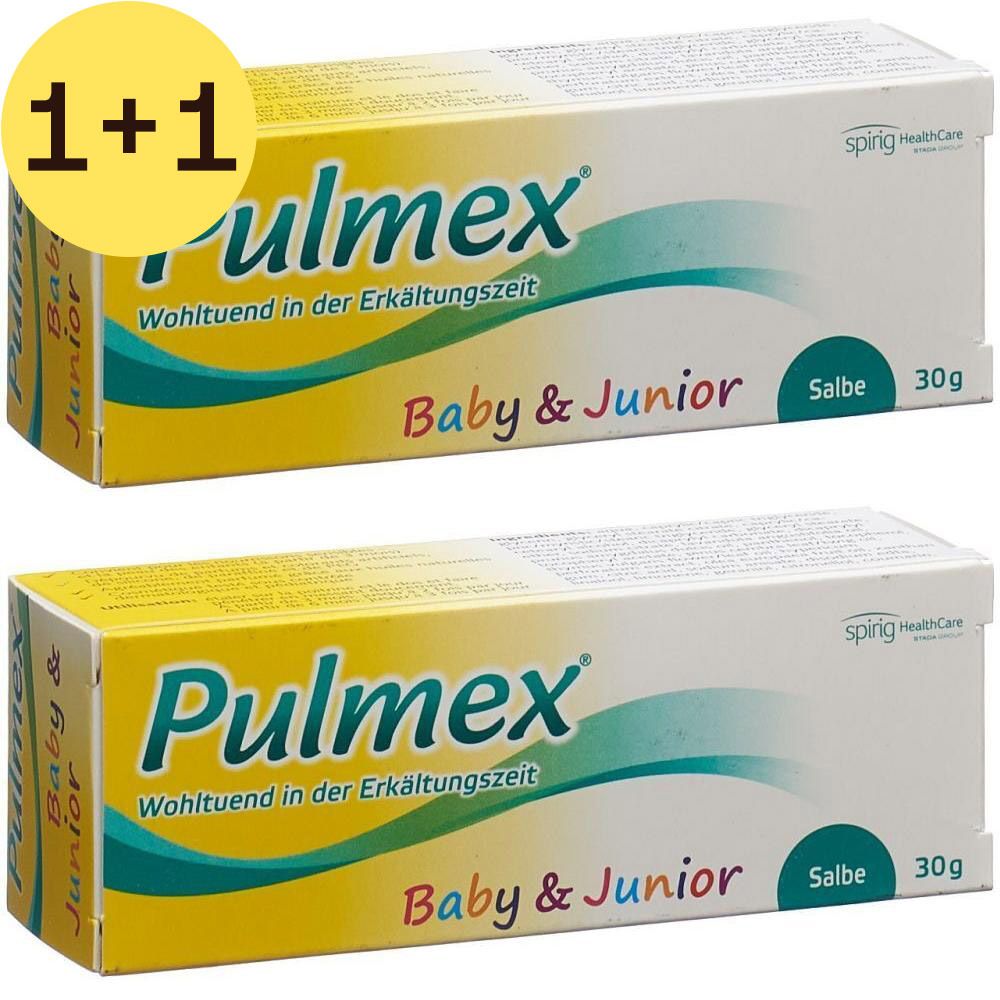 Zwei Schachteln mit gelb-weißem Design. Aufschrift: Pulmex Baby & Junior Salbe. Auf jeder Schachtel steht 30g.
