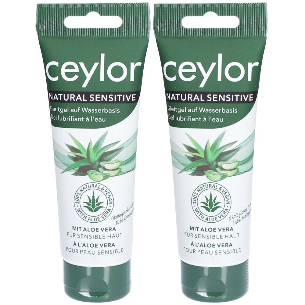 Deux tubes verts "ceylor NATURAL SENSITIVE". Illustration d'aloe vera et texte. Label végétalien.
