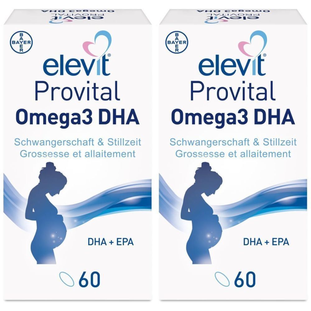 Zwei Packungen Elevit Provital Omega3 DHA. Aufschrift: Schwangerschaft & Stillzeit. Enthält 60 Kapseln. Bayer-Logo.