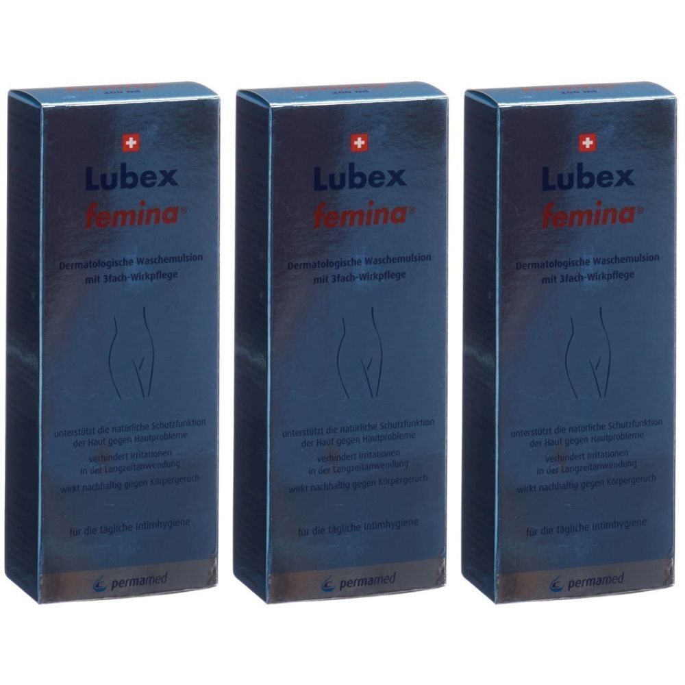 Trois boîtes LUBEX femina®. Emballage bleu avec nom du produit, croix rouge et silhouette féminine. Texte en allemand.