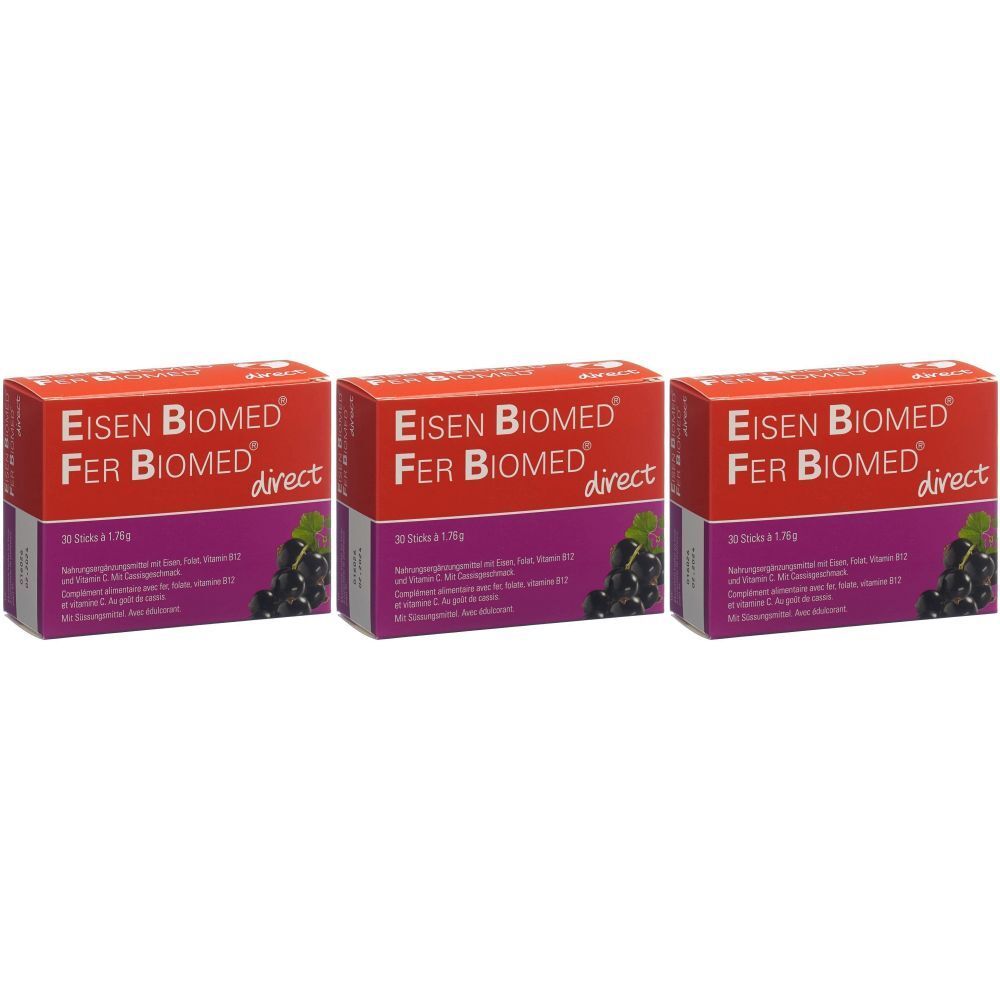 Drei Schachteln mit roter Aufschrift "EISEN BIOMED FER BIOMED direct". Auf jeder Schachtel ist eine Abbildung von Trauben.