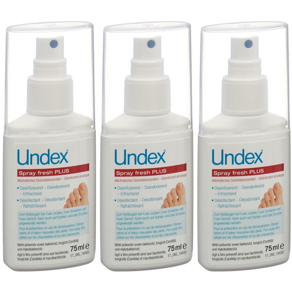Drei weiße Sprühflaschen mit durchsichtigen Kappen. Auf jeder Flasche steht "Undex Spray fresh PLUS".