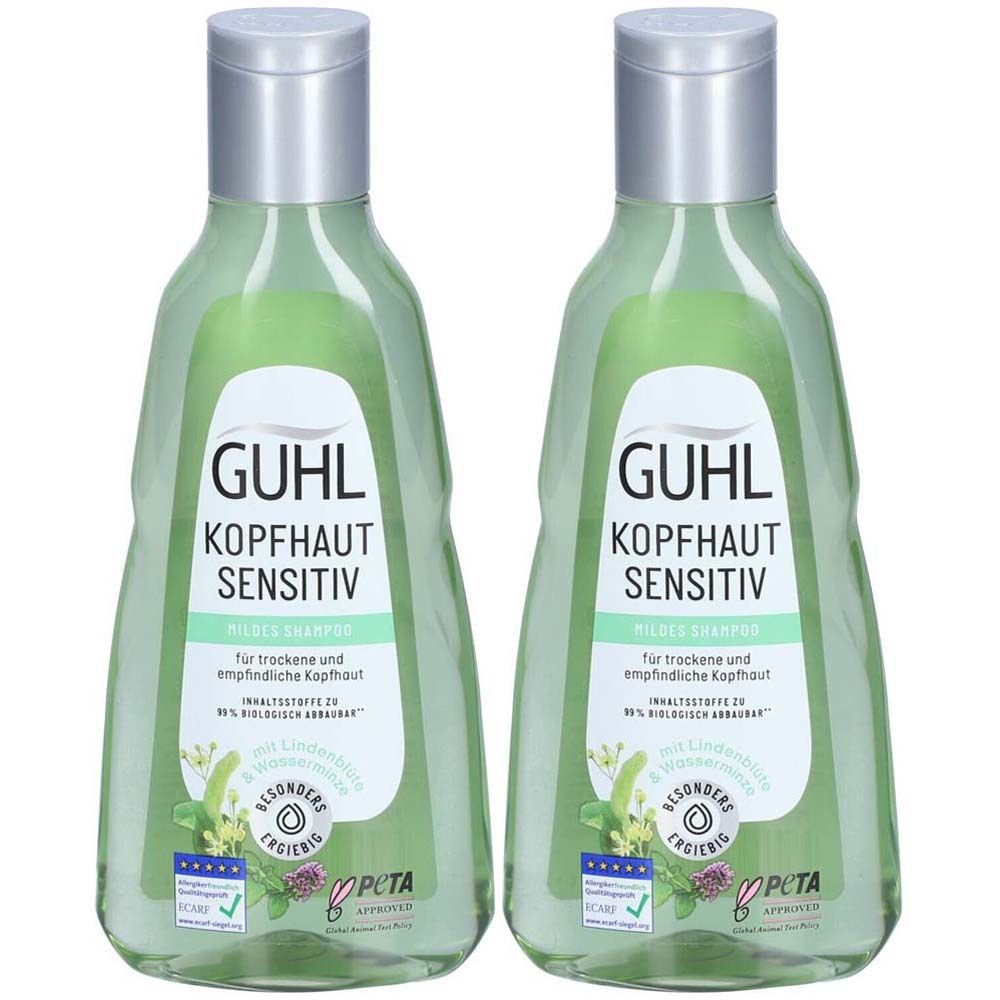 Zwei grüne Shampoo-Flaschen mit silbernen Deckeln. Auf den Etiketten steht GUHL KOPFHAUT SENSITIV. PETA-Logo.