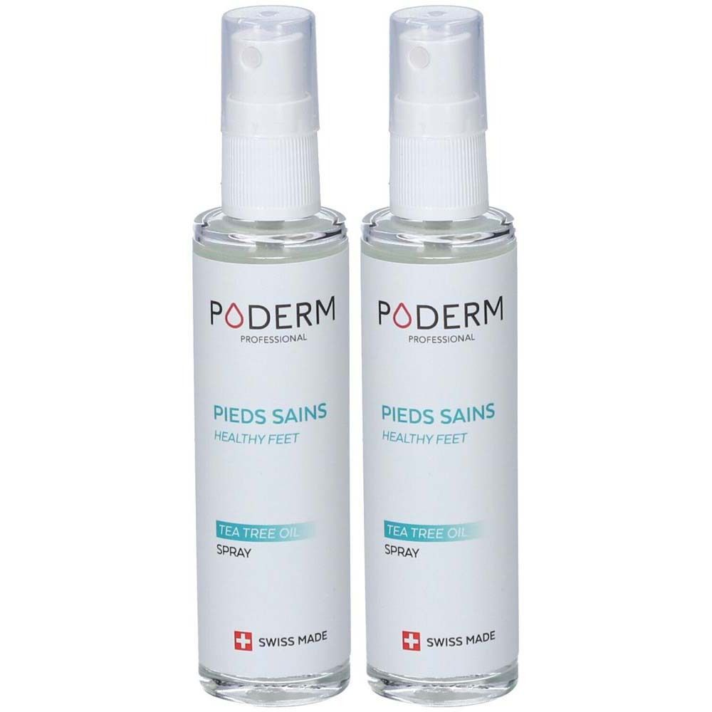 Zwei Sprühflaschen mit weißem Etikett. Aufschrift: PODERM, PIEDS SAINS, HEALTHY FEET, TEA TREE OIL SPRAY. Schweizer Kreuz.