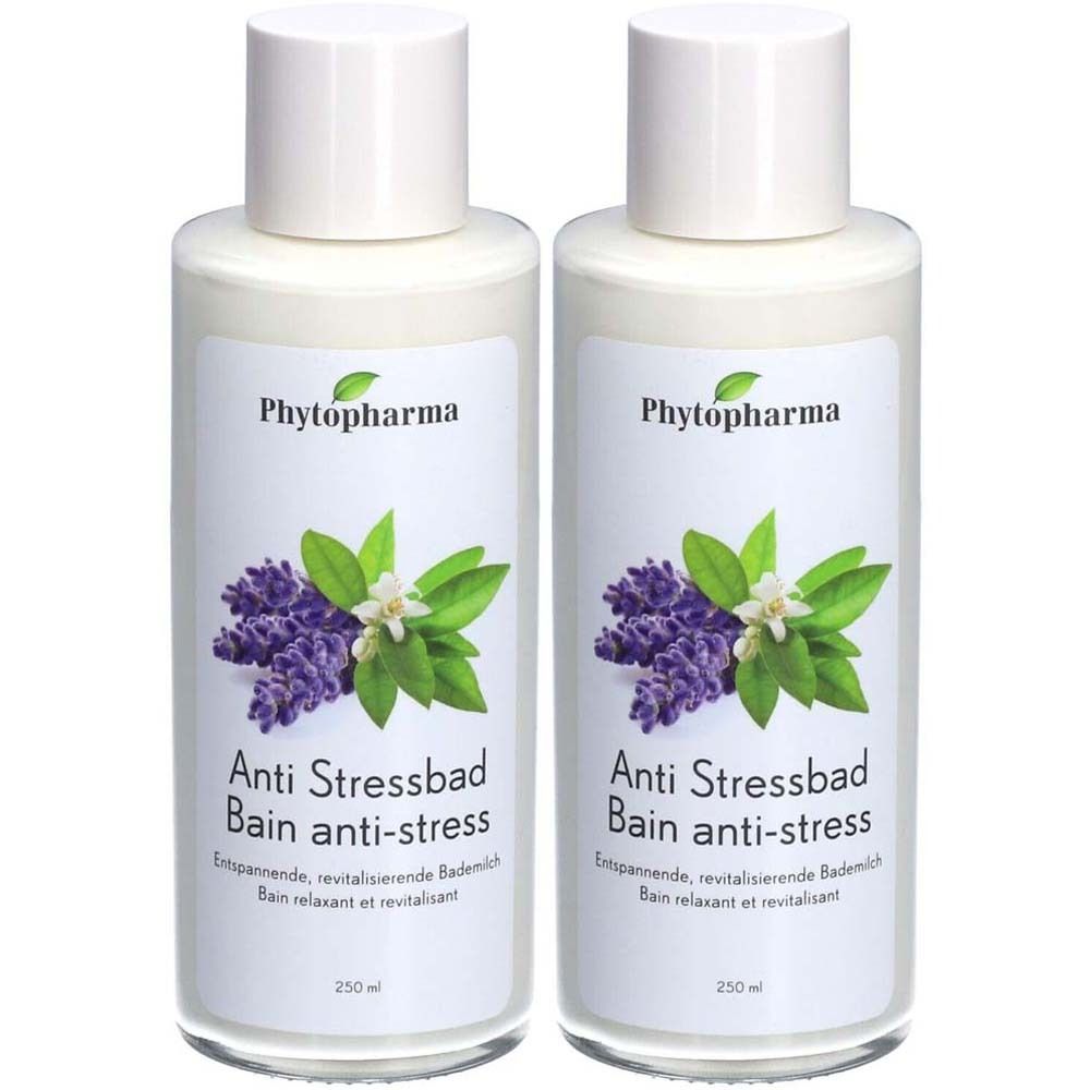 Deux flacons avec bouchons blancs. Étiquette: Phytopharma, Bain anti-stress, illustration de lavande. Texte en allemand et français.