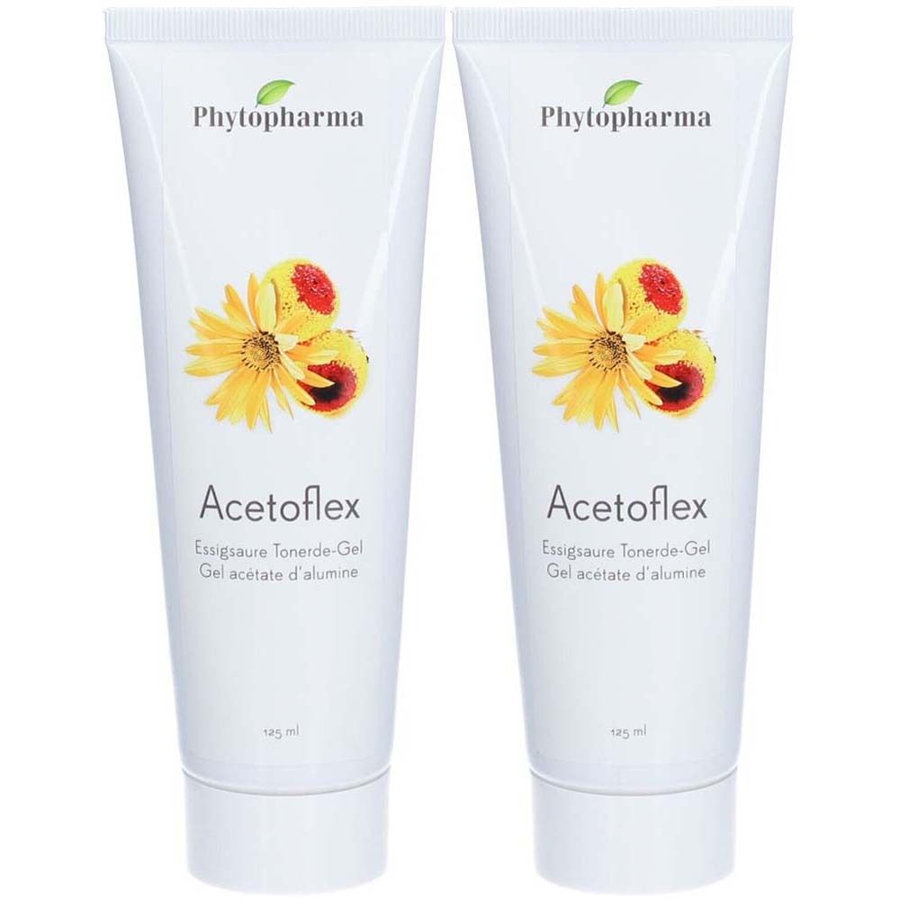 Deux tubes de PHYTOPHARMA Acetoflex. Tubes blancs avec motif floral et nom du produit. Inscription : Essigsaure Tonerde-Gel.