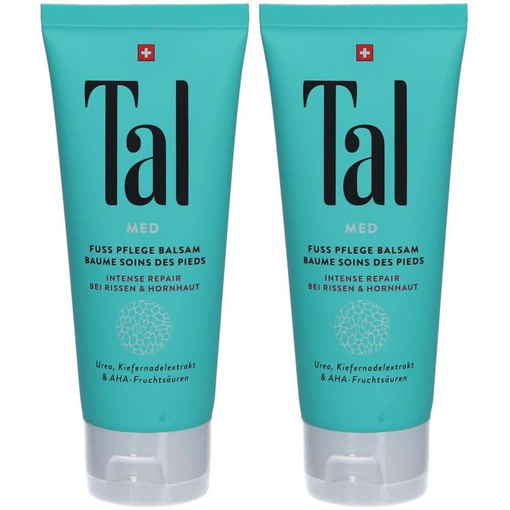 Zwei Tuben Fußpflegebalsam. Türkisgrüne Tuben mit weißem Verschluss. Aufschrift: Tal, Med, Fußpflege Balsam, Intense Repair.