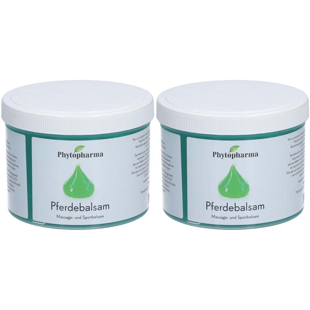 Zwei runde Behälter mit weißem Deckel. Aufschrift: Phytopharma, Pferde-balsam. Grünes Logo.