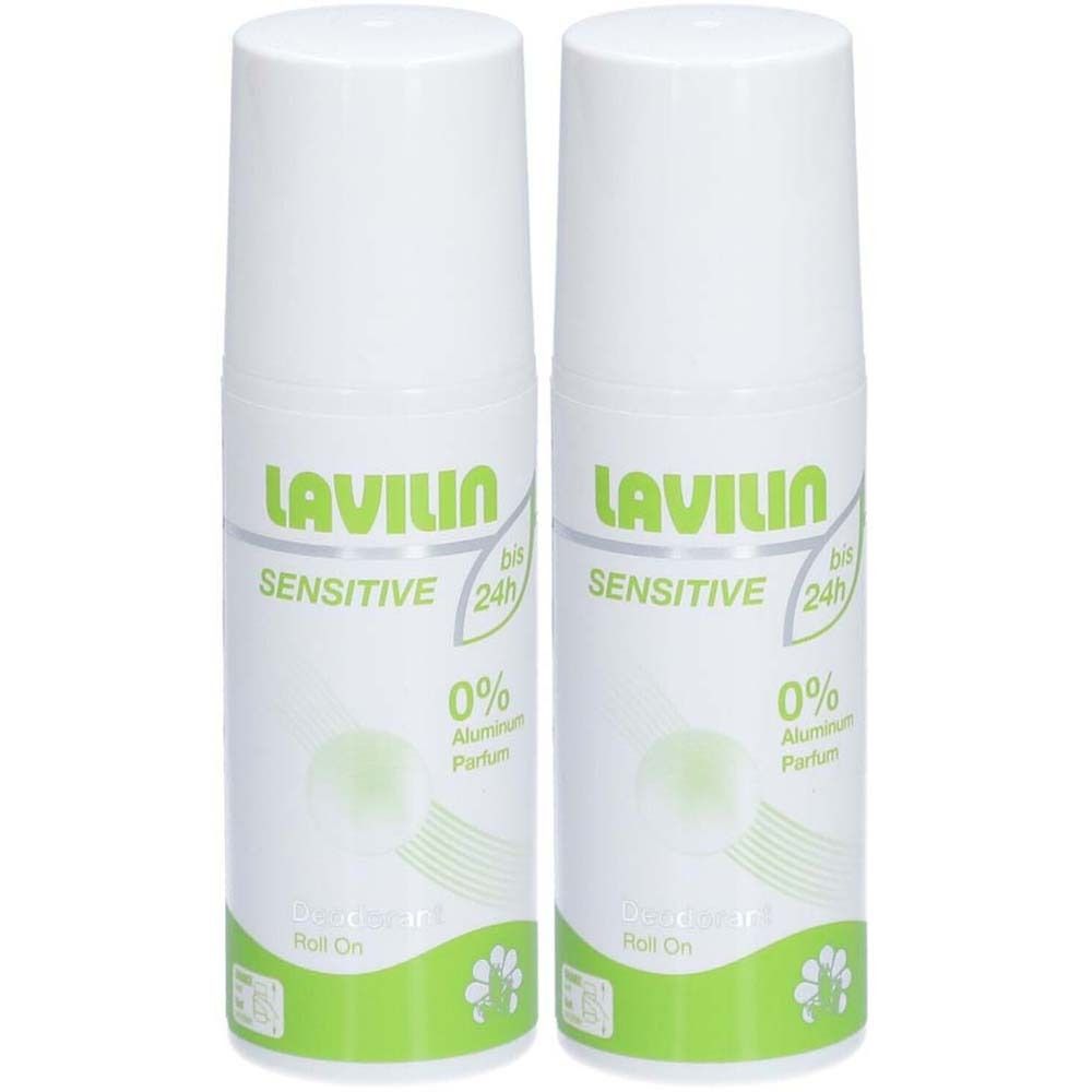 Deux déodorants roll-on blancs. Inscription : LAVILIN SENSITIVE, 0% aluminium, jusqu'à 24h. Emballage vert et blanc.