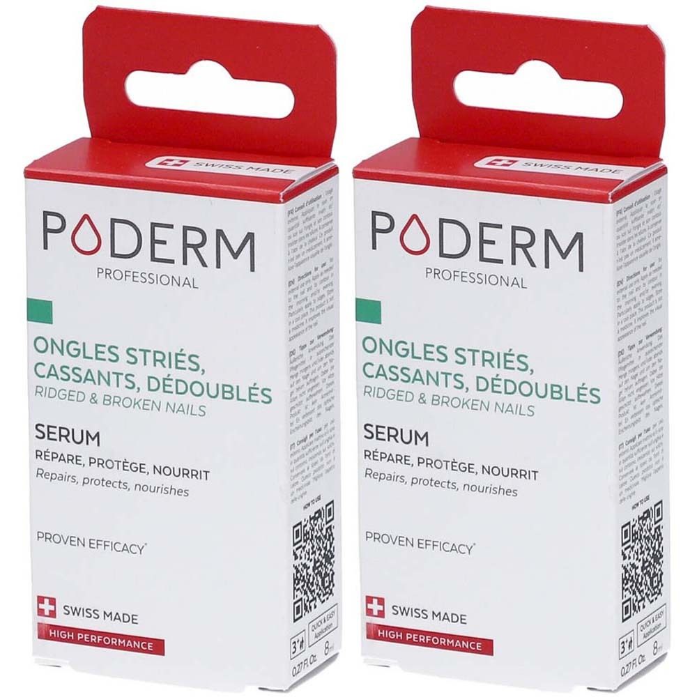 Deux boîtes de sérum PODERM. Blanches avec le dessus rouge. Texte : Ongles Striés, Sérum, Swiss Made.