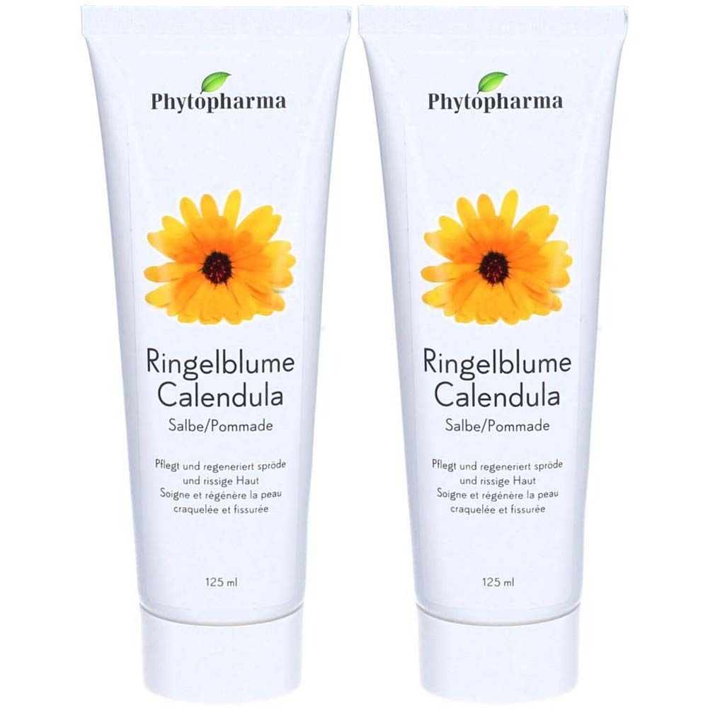 Zwei Tuben mit Ringelblume Calendula Salbe. Aufschrift: Phytopharma, Ringelblume, Calendula, Salbe/Pommade. 125 ml.