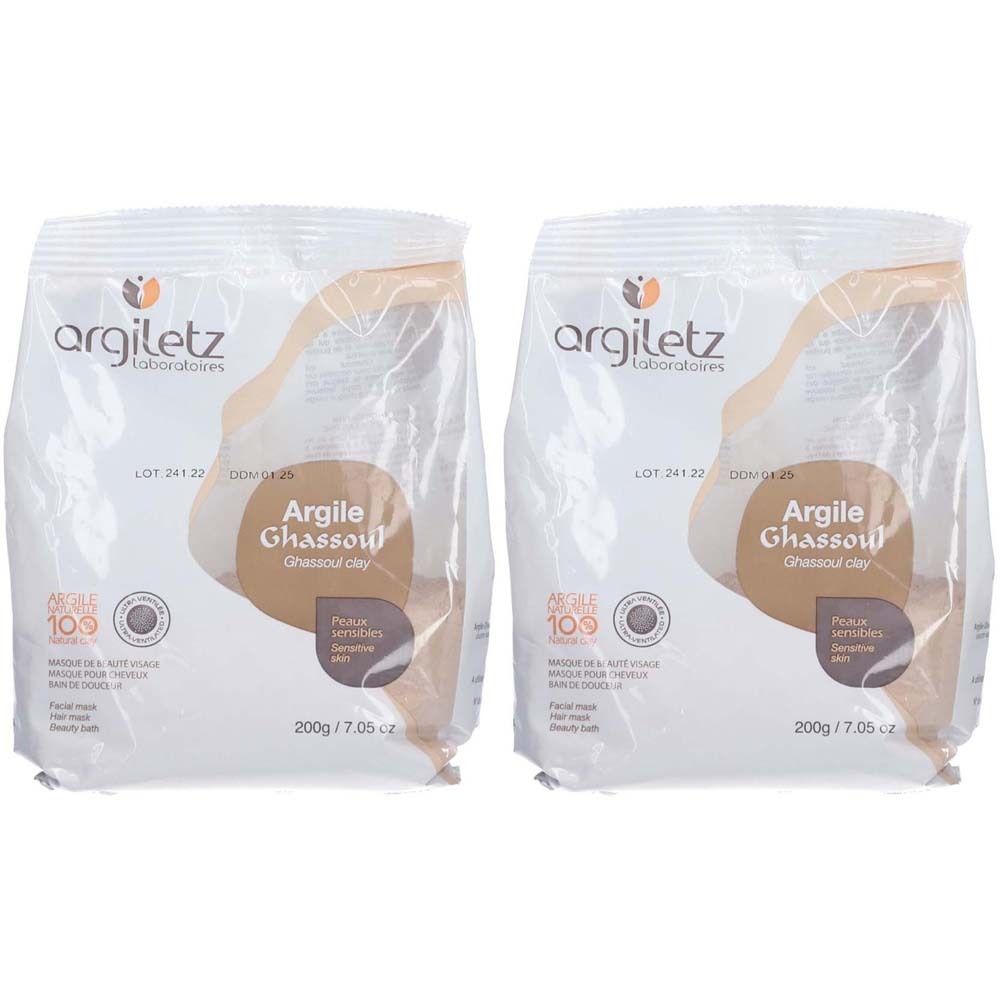 Deux paquets de Argiletz Argile Ghassoul. Emballage blanc avec nom et logo du produit. Paquet de 200g.