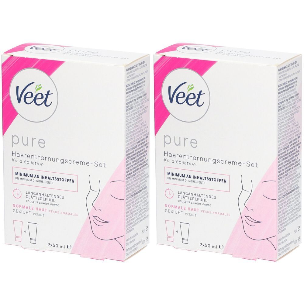Deux boîtes de "Veet pure Haarentfernungscreme-Set". Emballage blanc avec accents roses et informations sur le produit.