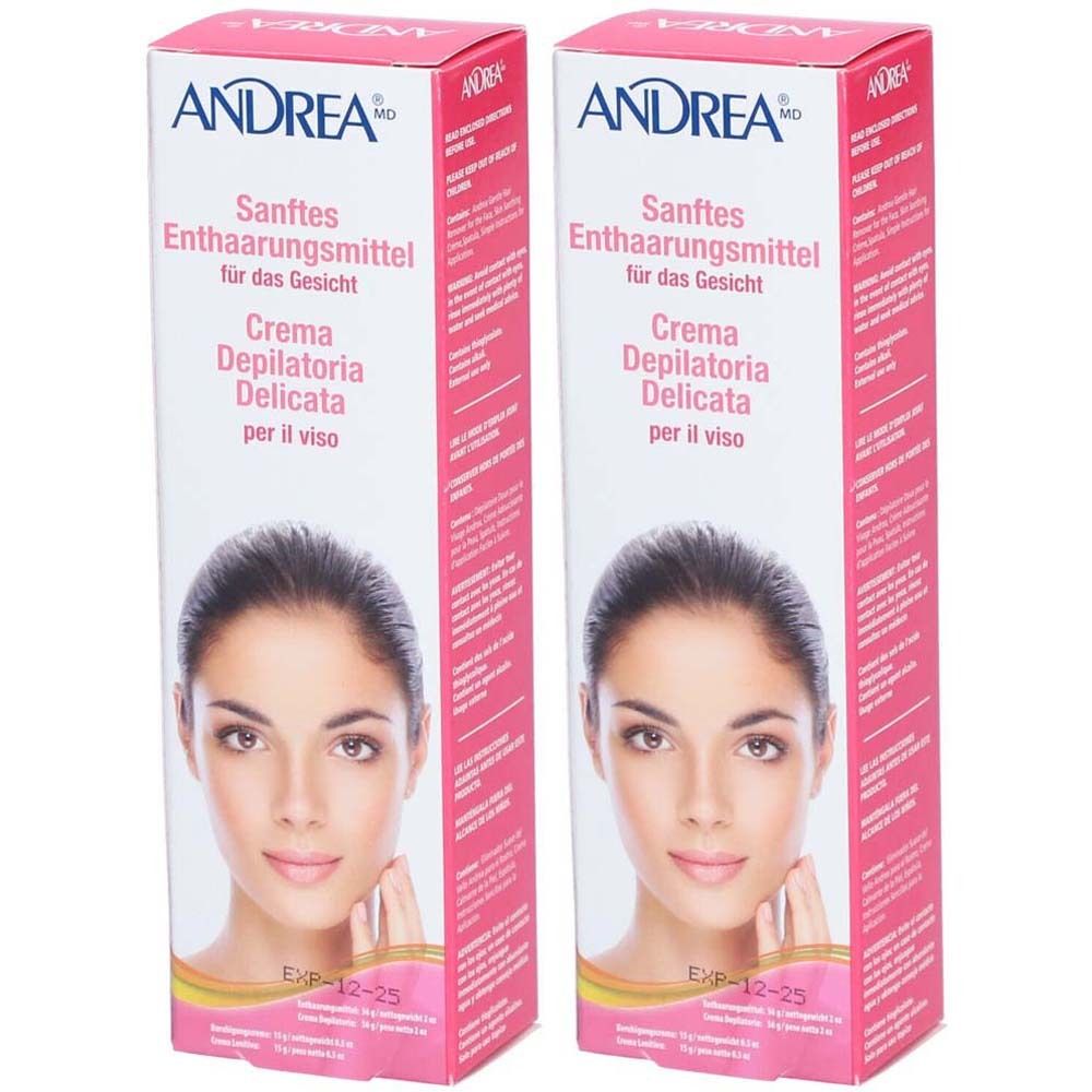 Zwei Packungen ANDREA Enthaarungscreme Gesicht. Weiße Verpackung mit rosa Akzenten und Produktbezeichnung in Deutsch und Italienisch.