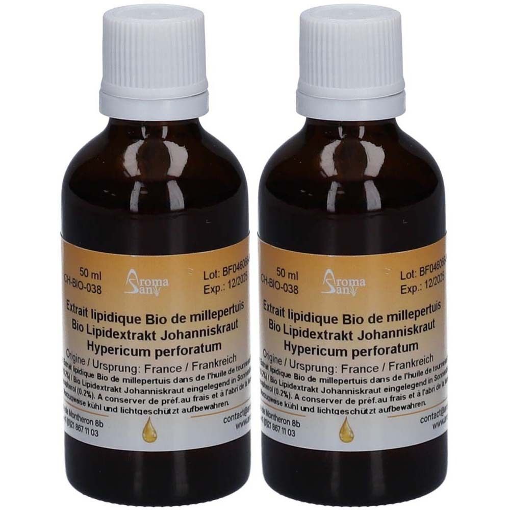 Deux flacons en verre brun avec bouchon blanc. Étiquette avec informations produit. Inscription : Bio Lipidextrakt Johanniskraut.