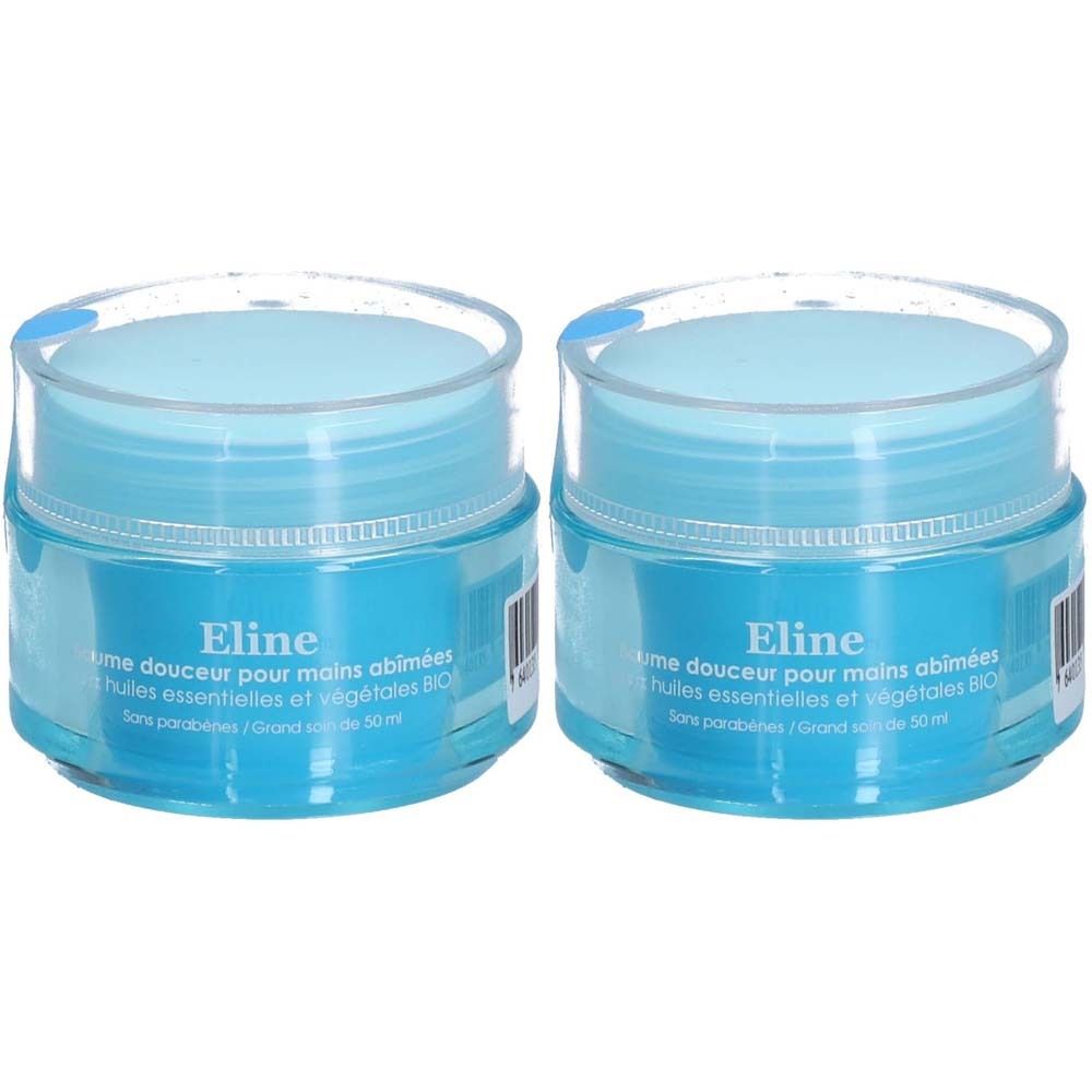 Deux pots bleus avec couvercles. Inscription: Eline, crème pour mains abîmées. Huiles essentielles.