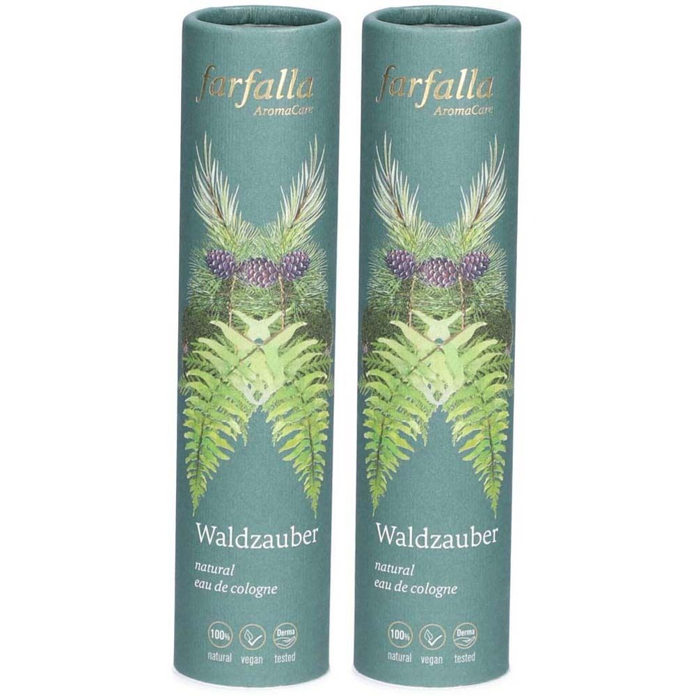 Zwei zylindrische Verpackungen mit floralem Design. Aufschrift: Waldzauber, natural eau de cologne. Marke: farfalla.
