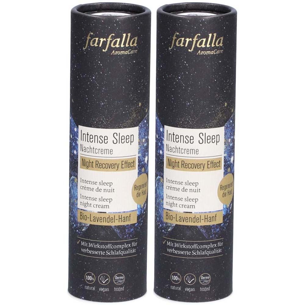 Deux contenants cylindriques. Inscription: farfalla, Intense Sleep Nachtcreme, Night Recovery Effect, Bio-Lavendel-Hanf. Avec complexe actif.