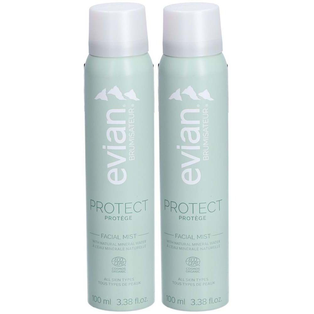Zwei Sprühflaschen mit weißem Deckel. Aufschrift: evian, PROTECT, FACIAL MIST. Grünliche Verpackung.