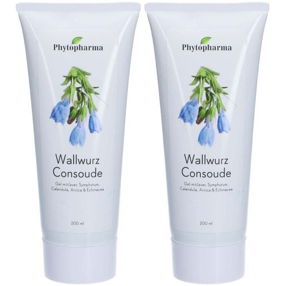 Zwei weiße Tuben mit Produktaufdruck. Oben steht "Phytopharma". Darunter "Wallwurz Consoude". Mit floralem Motiv und Text in Deutsch und Französisch.