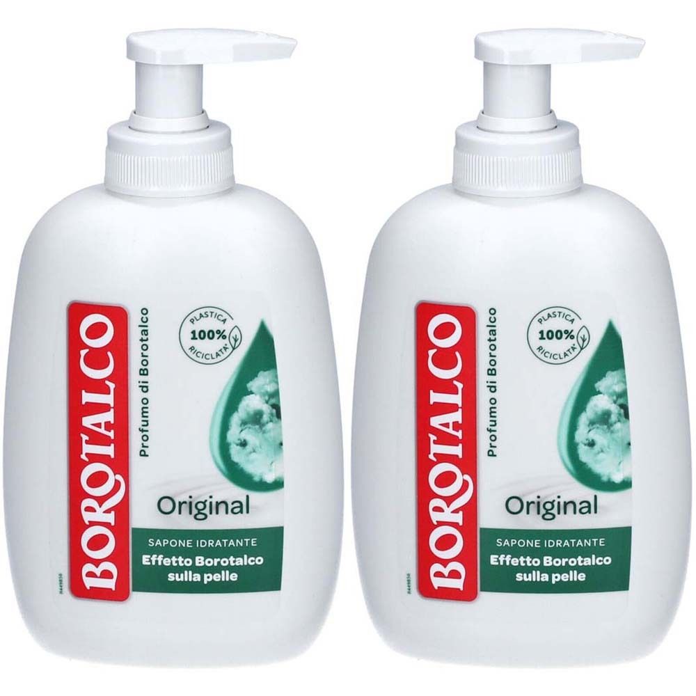 Deux flacons de savon liquide blanc avec pompe. Étiquette rouge avec logo BOROTALCO et informations produit. Plastique 100% recyclé.