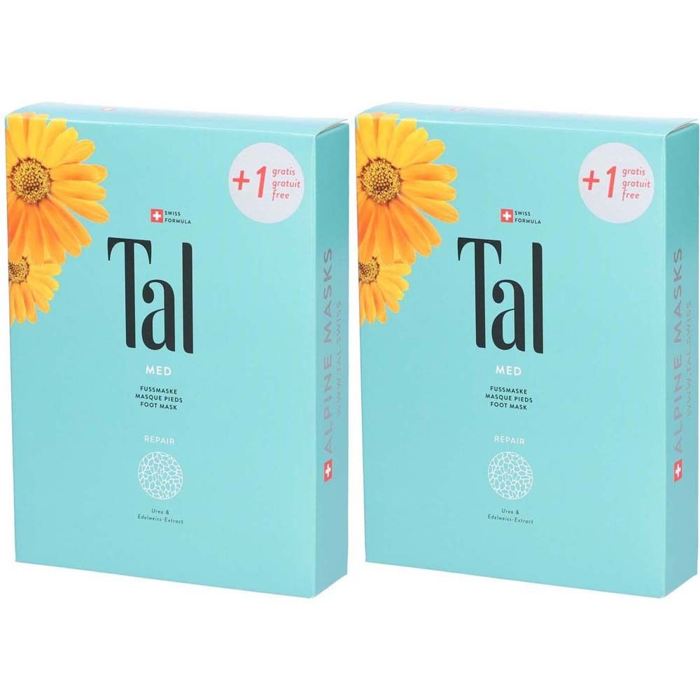 Deux boîtes bleu clair avec des fleurs jaunes et le mot "Tal". Texte : MED, Masque pieds, Alpine Masks. Swiss Formula.